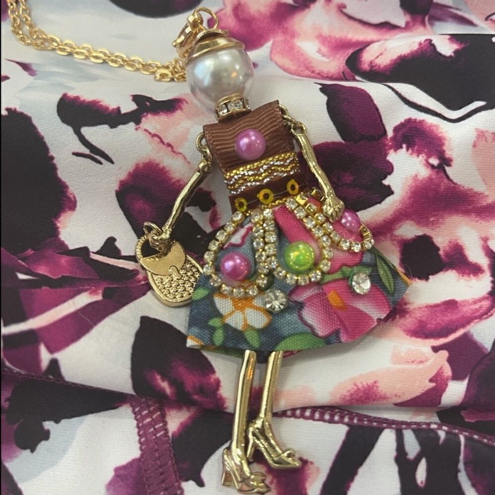 Boutique Doll Necklace Pink Watercolor Dress Rhinestone Long Necklace! - Picture 2 of 13